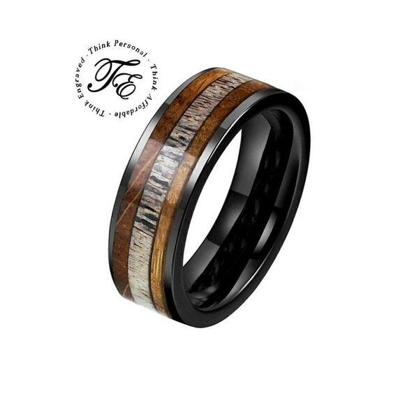 Men's Real Black Tungsten Promise Ring Deer Bone and Whiskey Barrel Wood Inlays - Picture 1 of 9